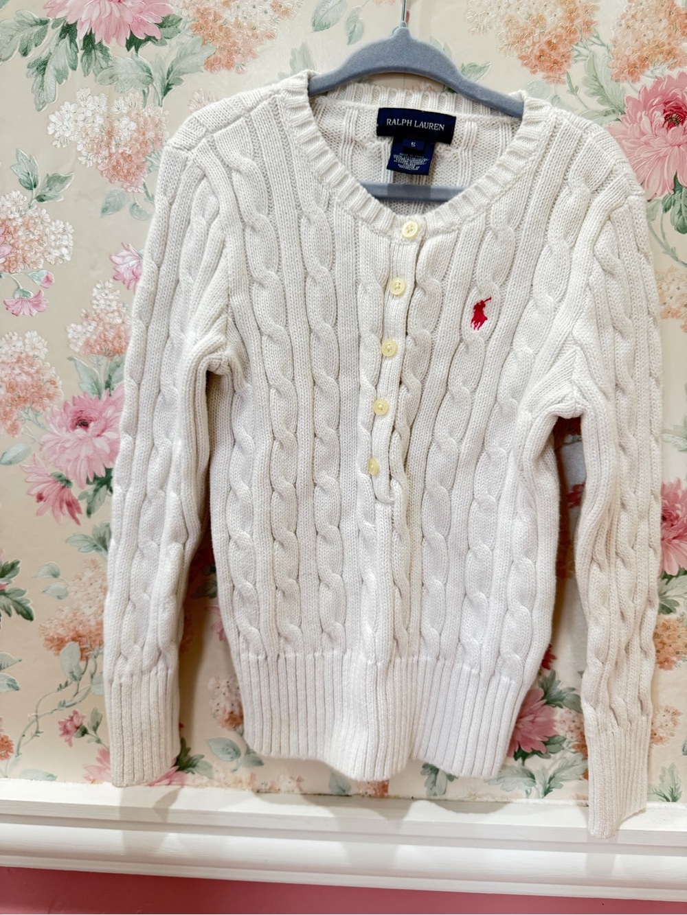 Ralph Lauren Cream Cable Knit Cardigan with Red Pony